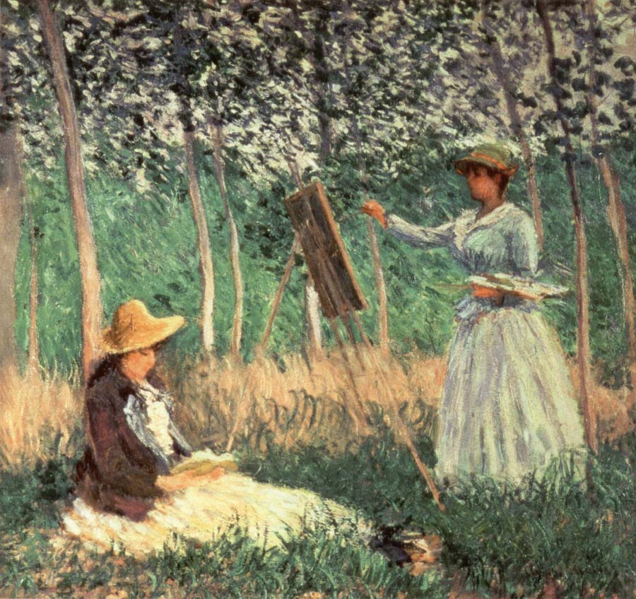 In the woods at Giverny Blanche Hoschede at her Easel with Suzanne Hoschede Reading